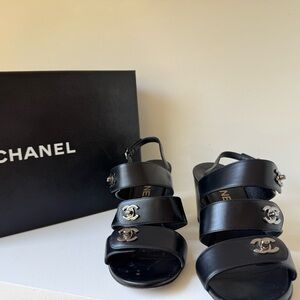 CHANEL Black Calfskin Sandals with Triple-Strap CC Detail